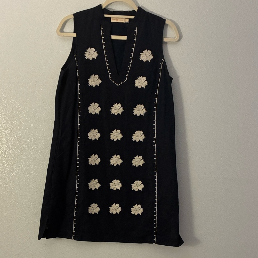 Tory Burch Black Mini Dress with White Floral Embroidery